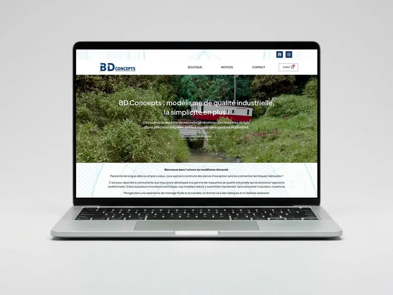 Page d'accueil de la boutique bd-concepts.fr présentée sur ordinateur portable