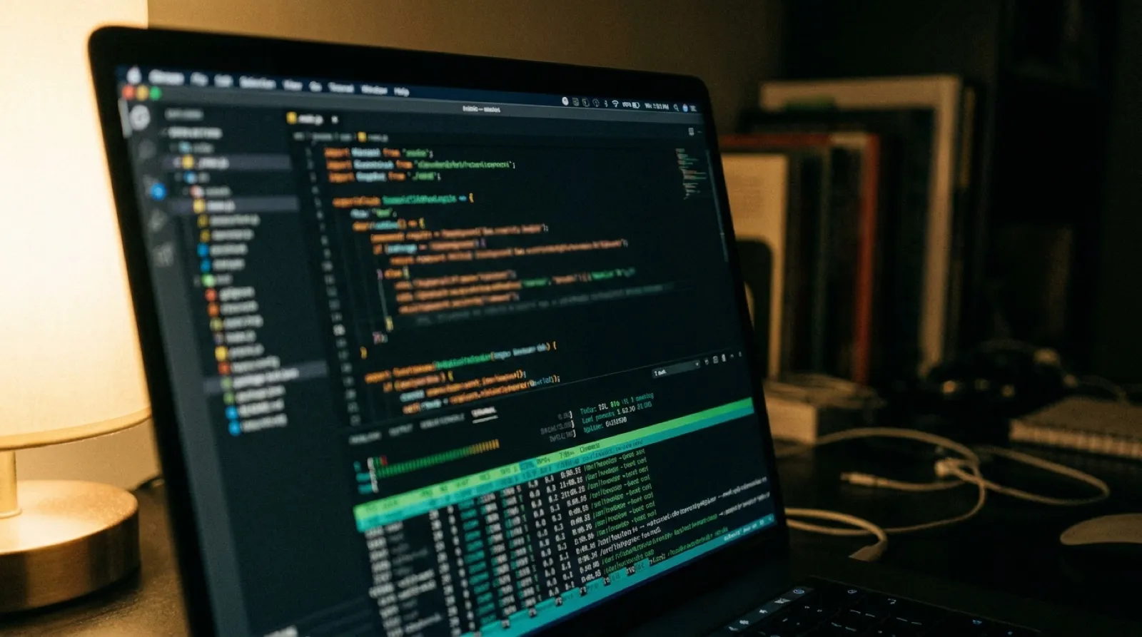 Ordinateur portable affichant du code PHP et un terminal de mise à jour du serveur, le soir