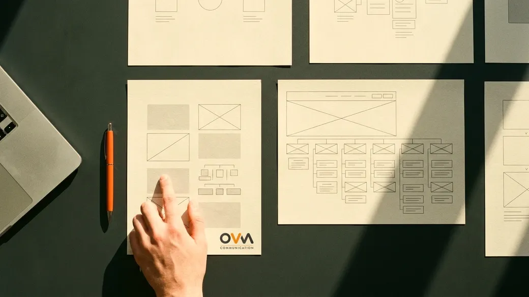 Maquettes et arborescence de site imprimées sur un bureau, une main pointe une rubrique, logo OVM Communication sur la feuille