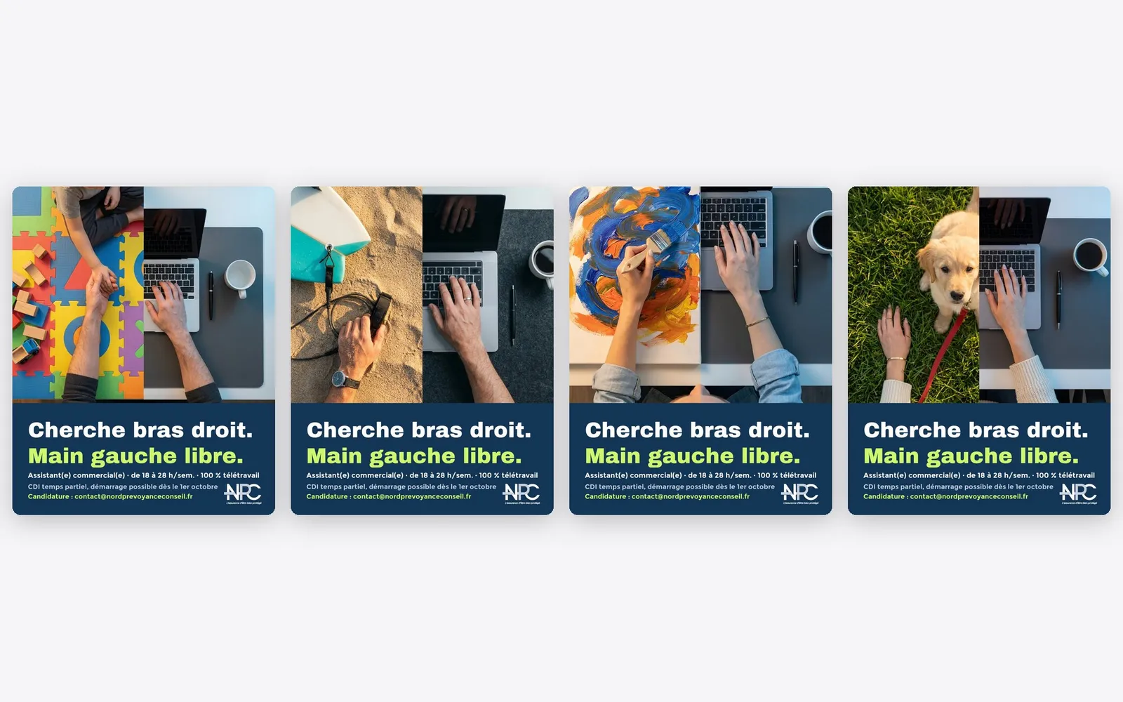 Les quatre visuels de la campagne « Cherche bras droit. Main gauche libre. » : l'enfant, le surf, la peinture et le chien