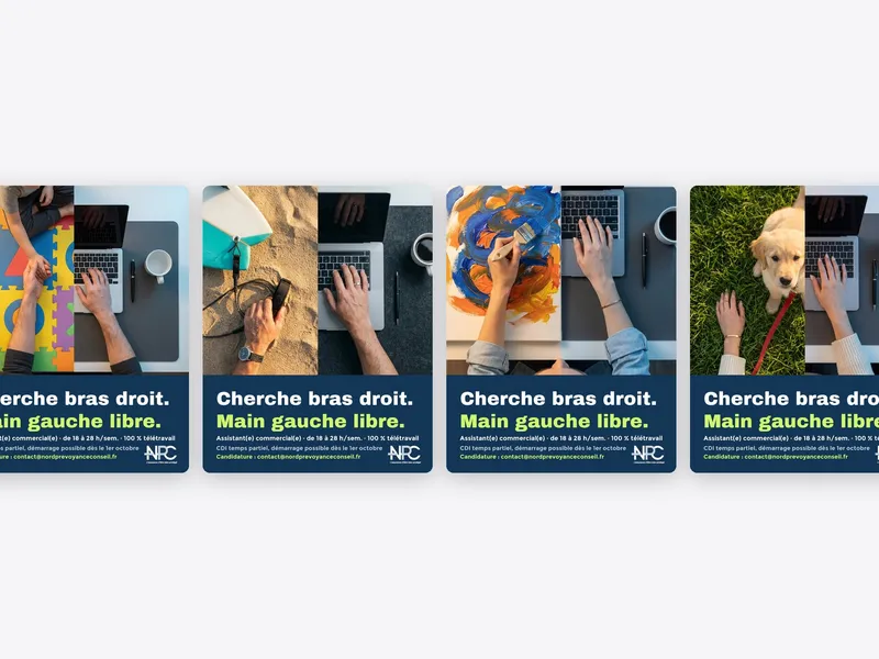 Les quatre visuels de la campagne « Cherche bras droit. Main gauche libre. » : l'enfant, le surf, la peinture et le chien