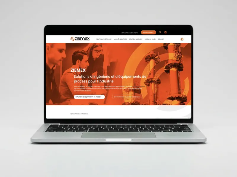 Page d'accueil du site ziemex.com refondu par OVM Communication, présentée sur ordinateur portable